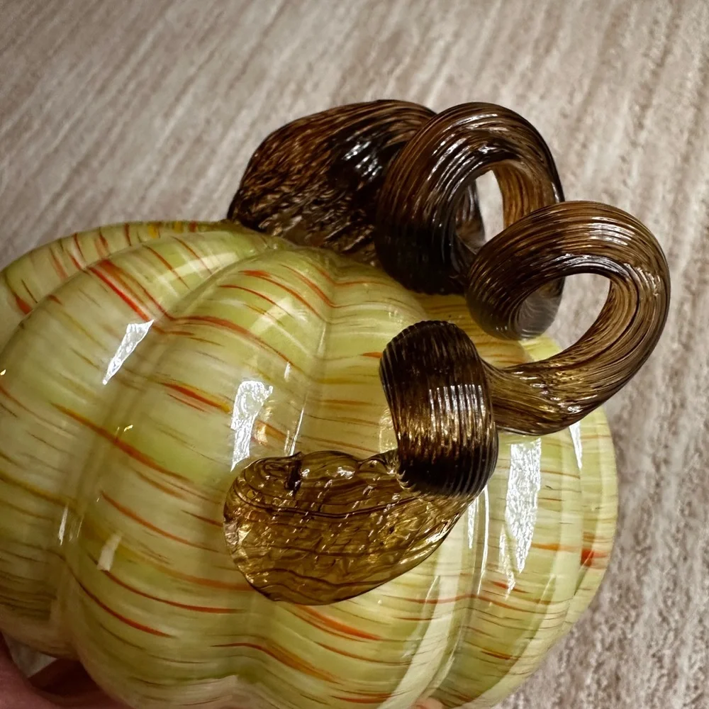 Hand Blown Art Glass Pumpkin Green Orange Flecks Twisted Reeded Clear Stem 5”x4”